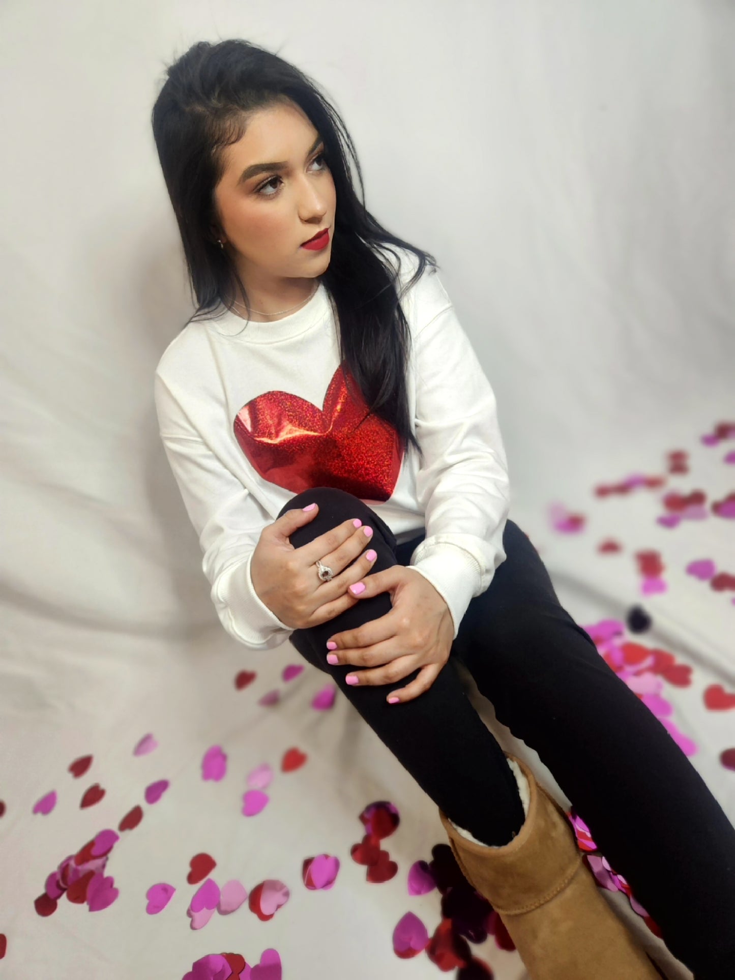 White, Glitter Valentine Heart Shaped Graphic Sweatshirt