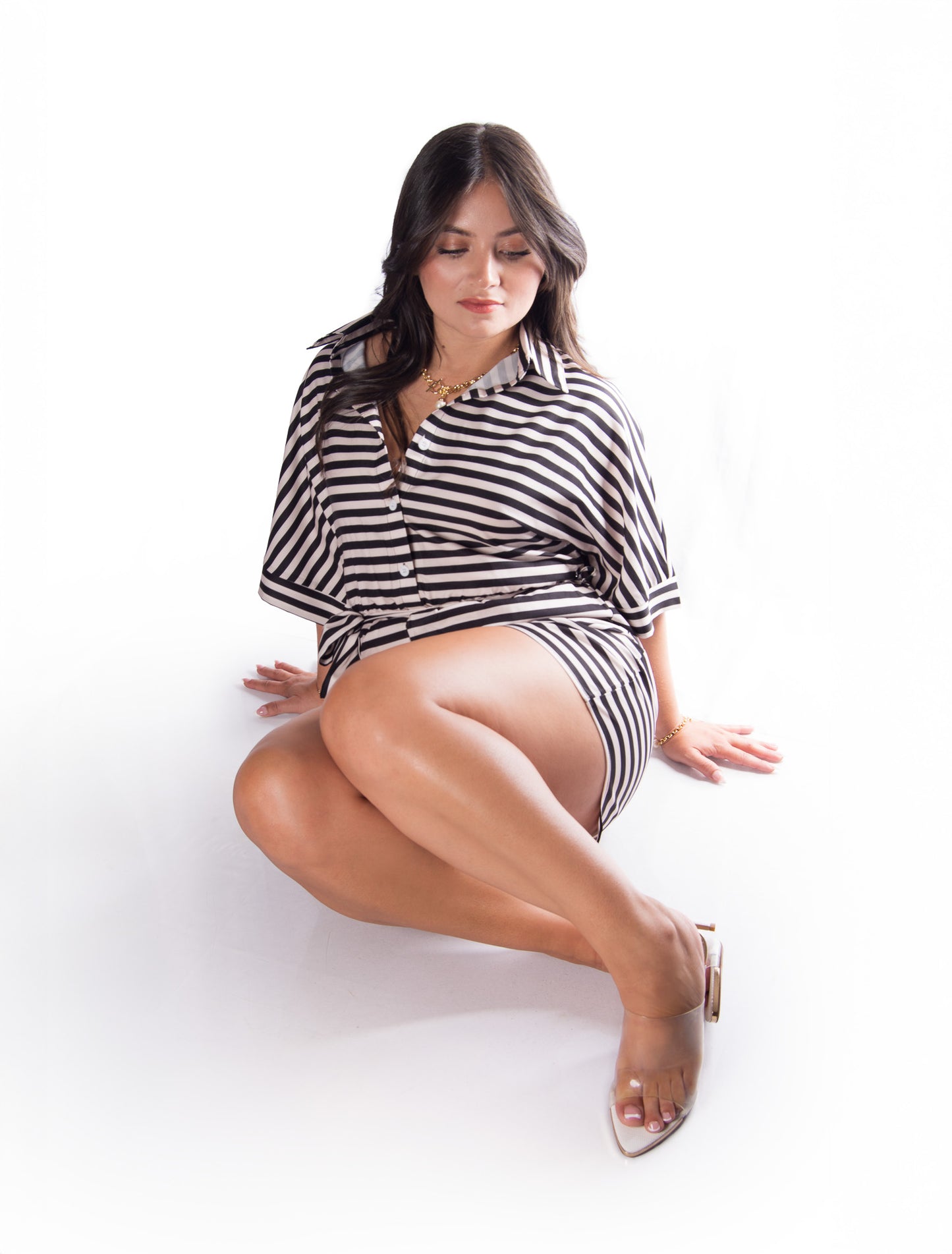 Women's Striped Buttoned Cardigan Romper