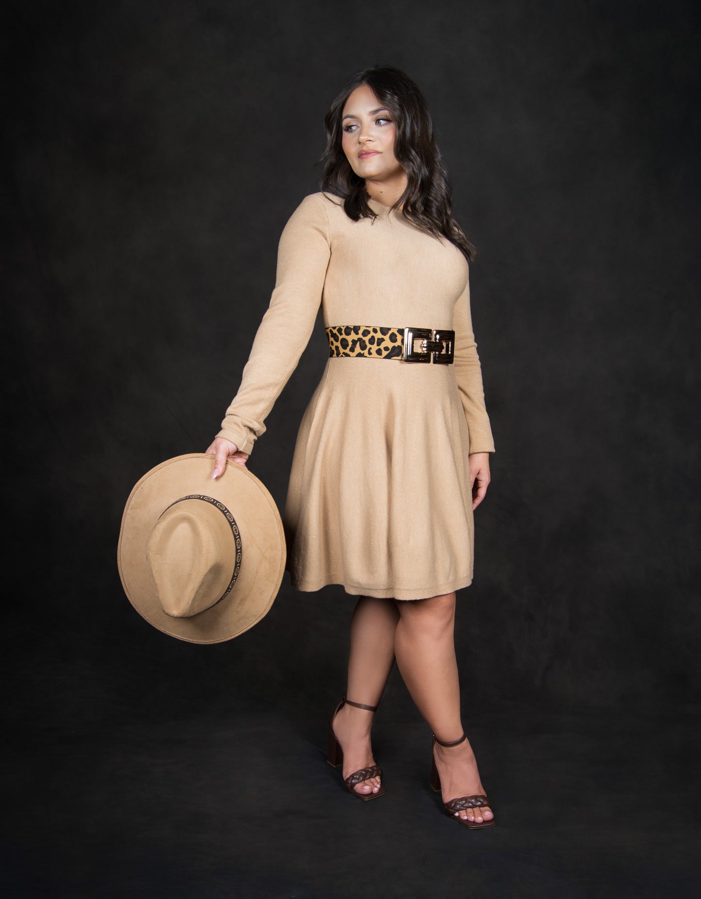 Solid khaki knit pleated dress