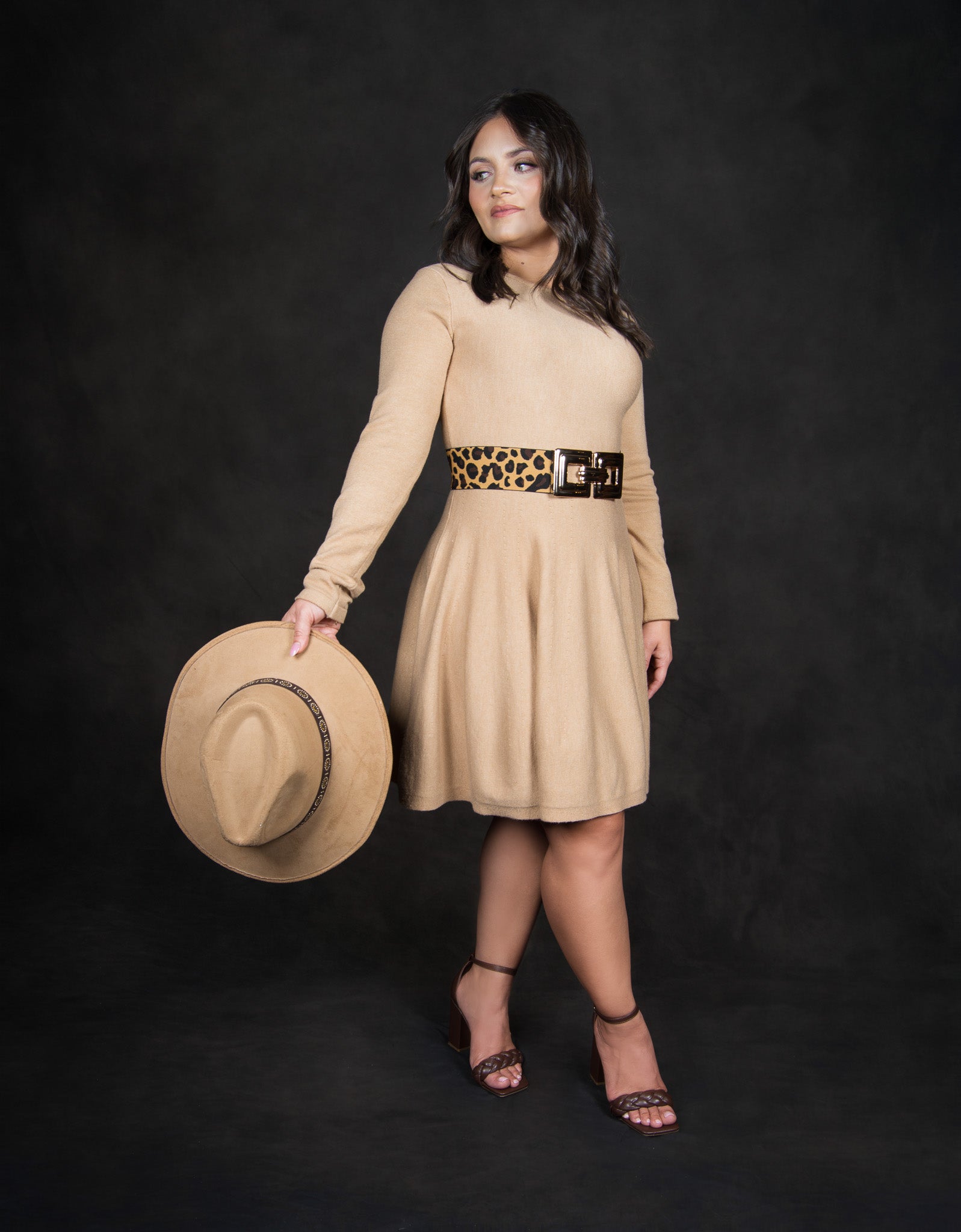 Solid khaki knit pleated dress