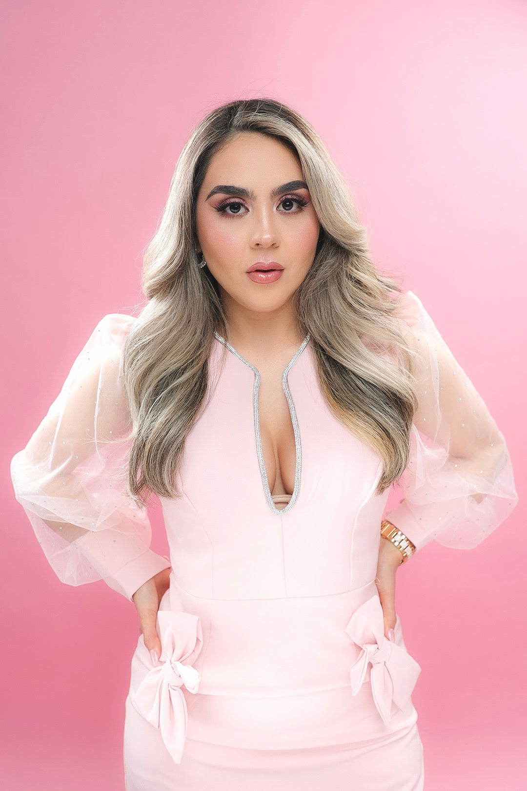 Long sleeve, Rhinestone, Pink Midi Dress