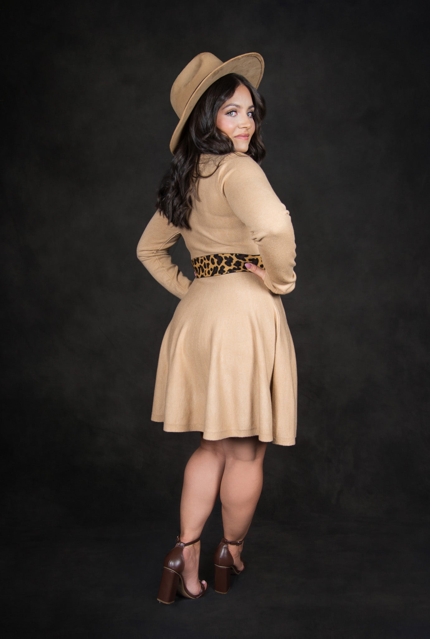 Solid khaki knit pleated dress