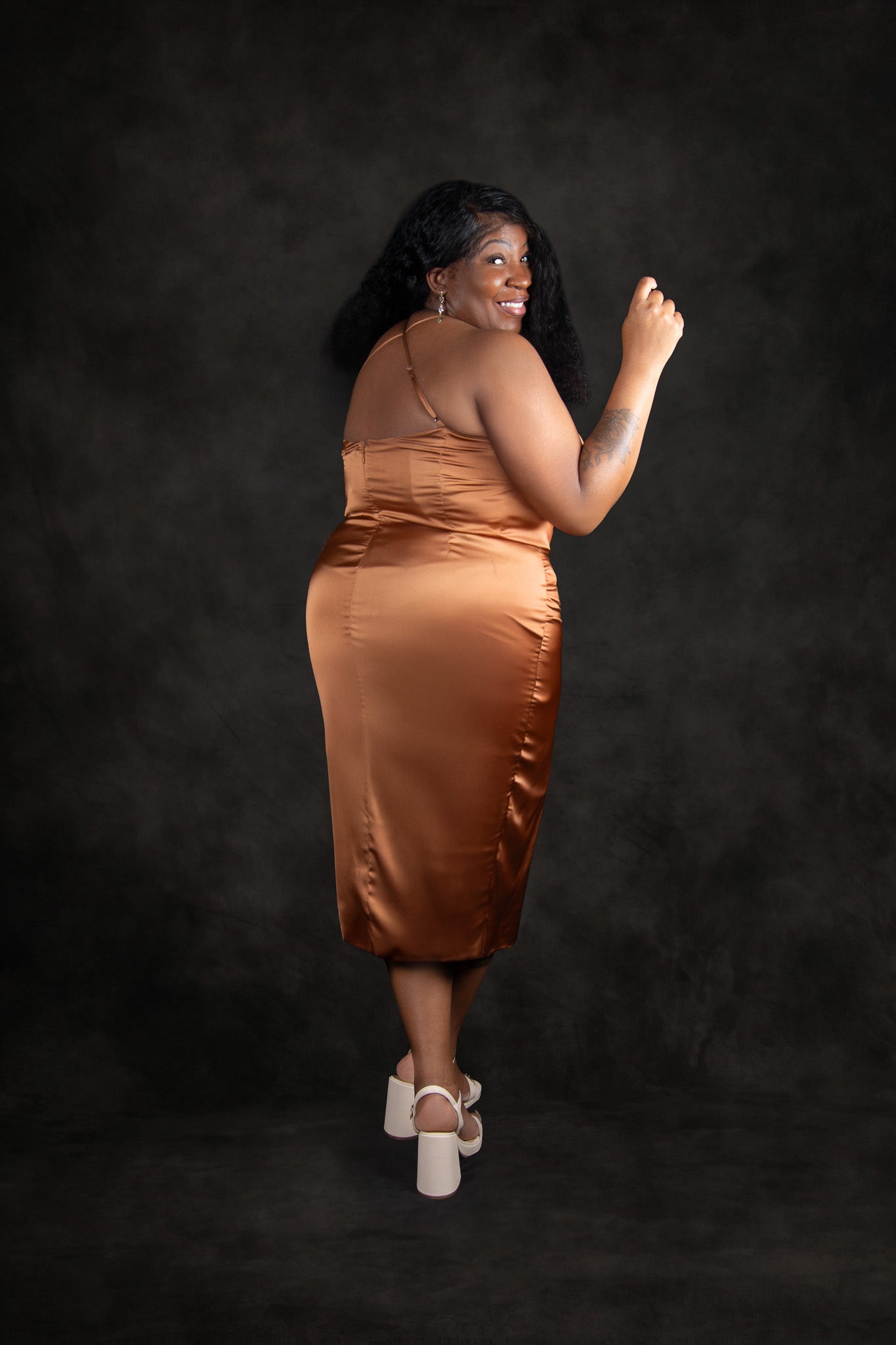 Golden Elegance Satin Midi Dress