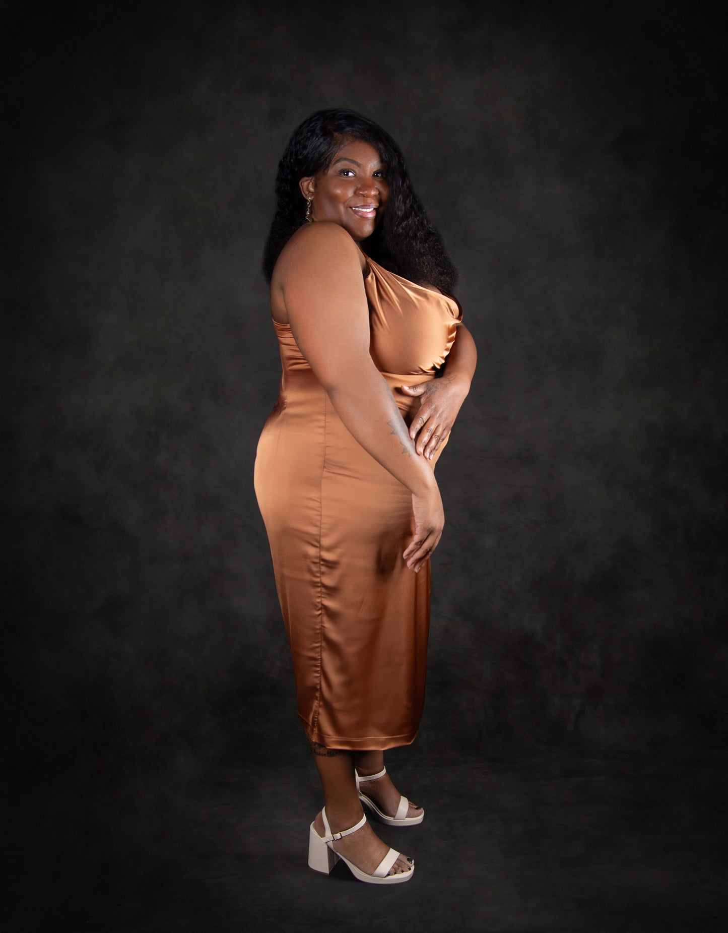 Golden Elegance Satin Midi Dress