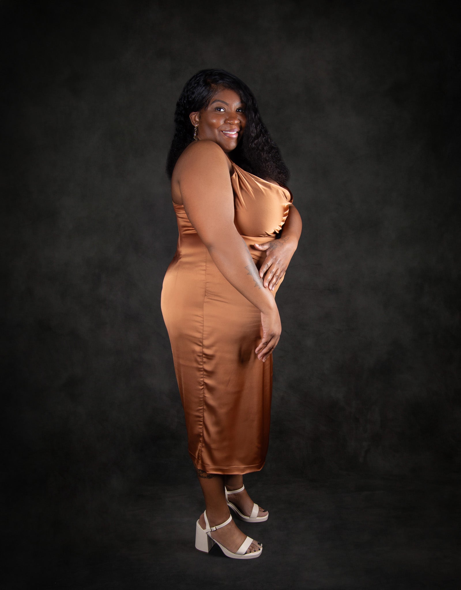 Golden Elegance Satin Midi Dress