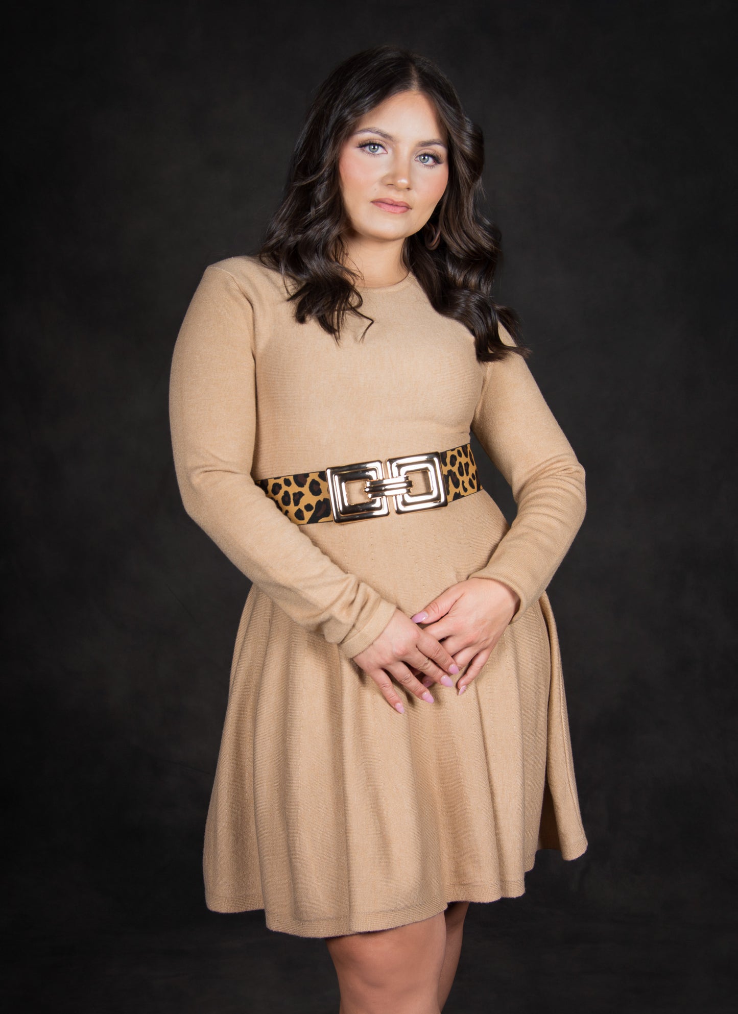 Solid khaki knit pleated dress